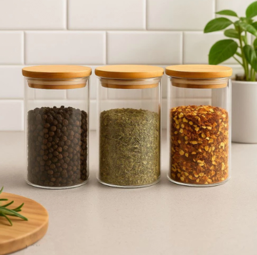 GlassBamboo 250™ – Kit com 3 Potes Herméticos de Vidro com Tampa de Bambu para Temperos e Mantimentos
