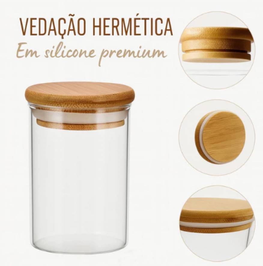 GlassBamboo 250™ – Kit com 3 Potes Herméticos de Vidro com Tampa de Bambu para Temperos e Mantimentos